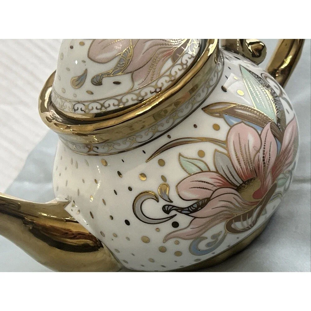 Floral Porcelain Teapot With Gold Tone Trimming